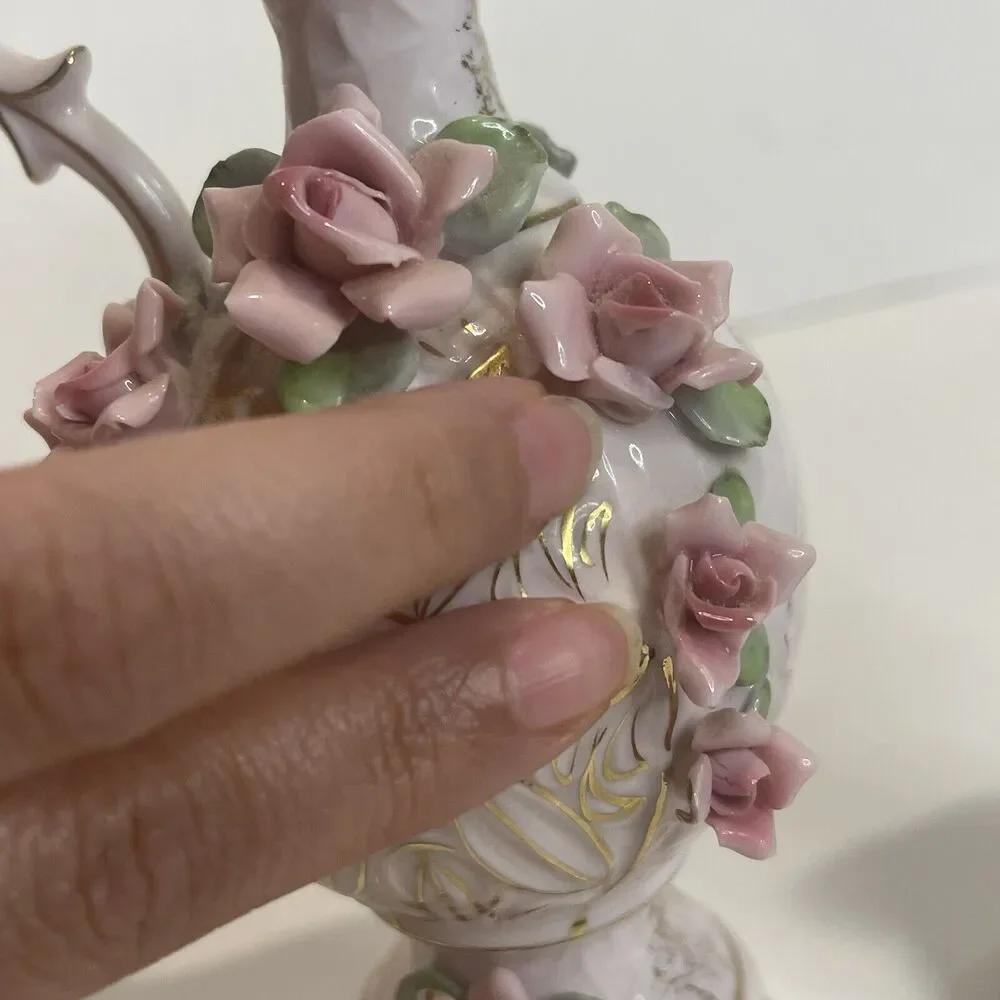 Vintage Lefton China Pink Roses Pitcher Vase Pair See Description